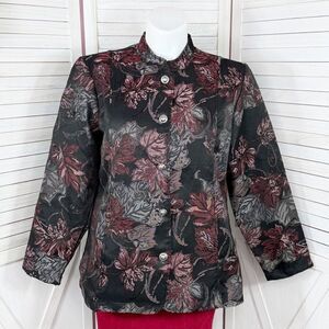 Tudor Court Floral Brocade Mandarin Collar Jacket Black Pink‎ XL